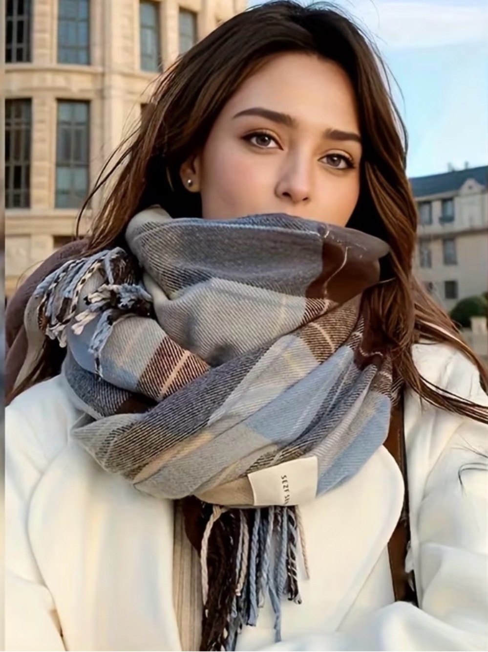 Plaid Wrap Scarf in Blue and Brown - Women’s Oversized Fringe Shawl